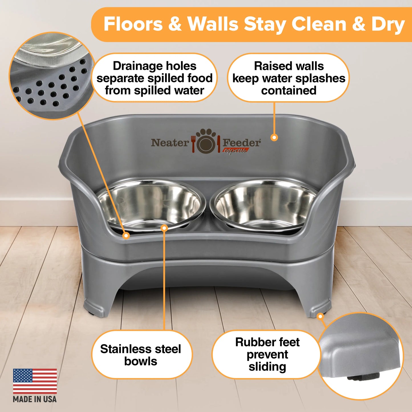 EXPRESS Neater Feeder for Dogs - MESS PROOF PET BOWLS, Stainless Steel Bowls, Raised Walls, Elevated Feeder, Bpa-Free, Top-Rack Dishwasher Safe, Made in USA